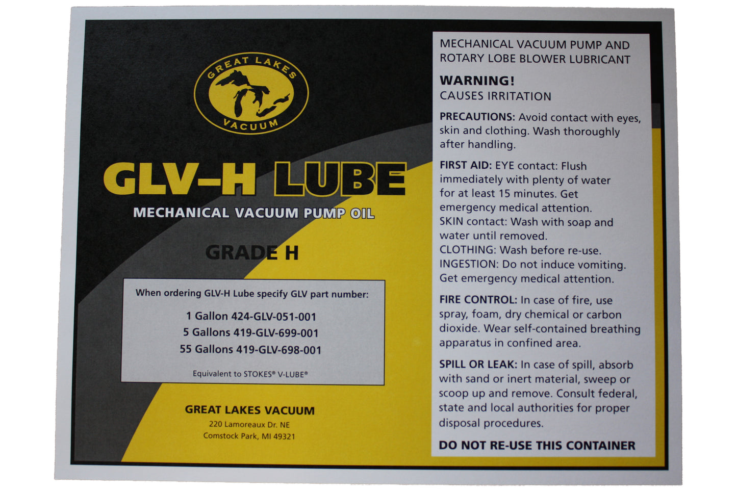 419-GLV-699-001 / 5 Gallons H-Lube Vacuum Blower Oil